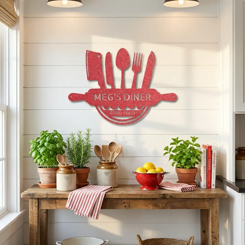 Personalized Kitchen Metal Wall Art – Custom Family Kitchen Sign – Cooking Decor – Chef Utensil Sign - Dining Room Gift - Made in USA