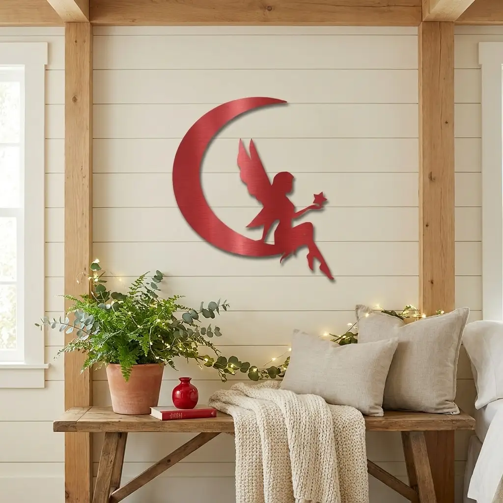 Fairy on Moon Metal Wall Art | Crescent Moon Fairy Wall Decor | Fantasy Metal Wall Hanging | Fairy Bedroom Decor | Made in USA