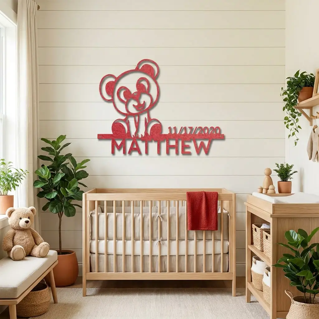 Personalized Teddy Bear Nursery Metal Wall Art – Custom Baby Name Sign with Birth Date – Nursery Decor – Baby Shower Gift