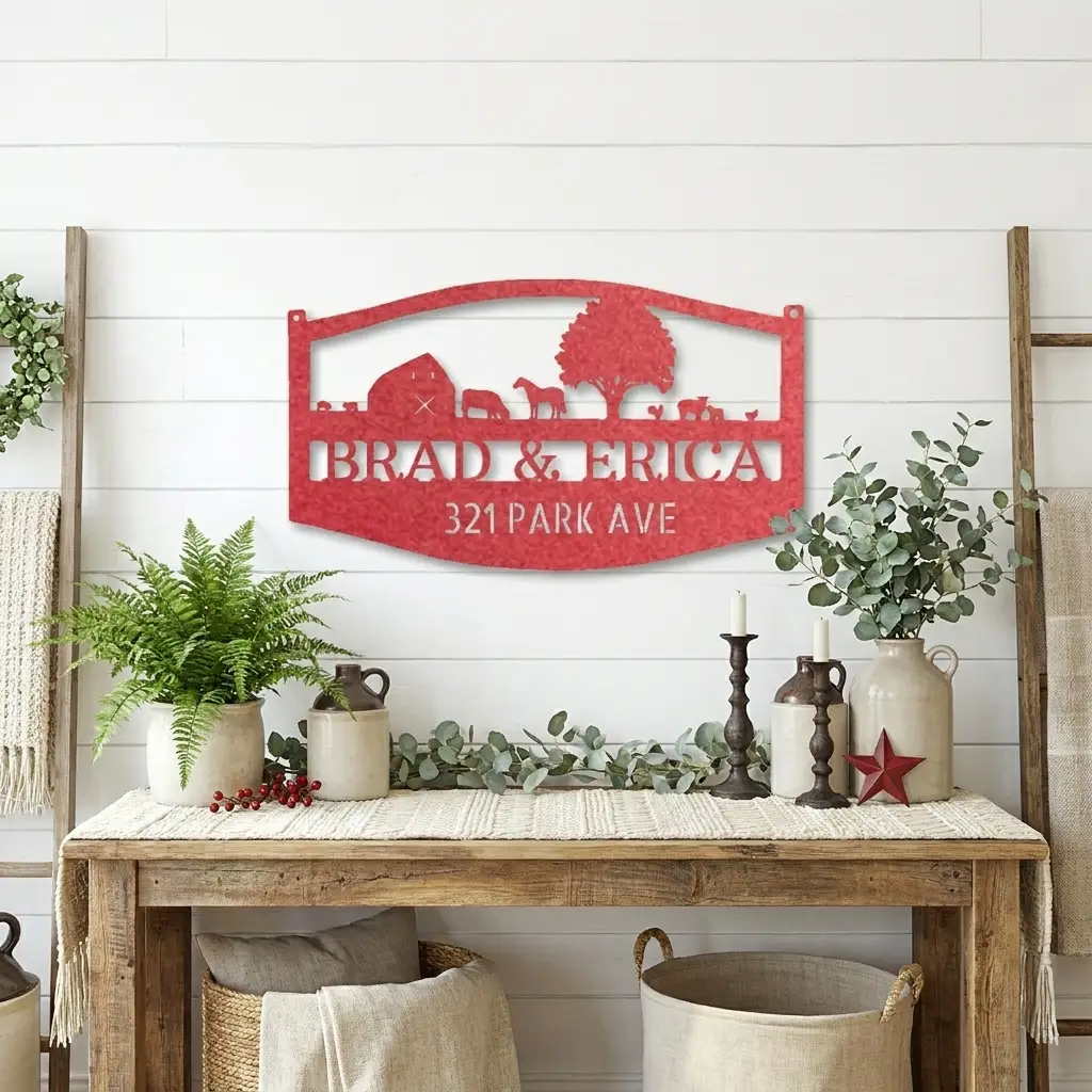 Farm Scene Custom Name Indoor Outdoor Monogram Steel Wall Sign