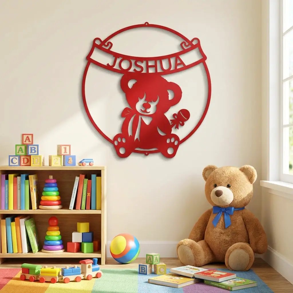 Personalized Baby Name Teddy Bear Metal Wall Art – Custom Nursery Name Sign – Laser Cut Steel Baby Room Decor – Baby Shower Gift