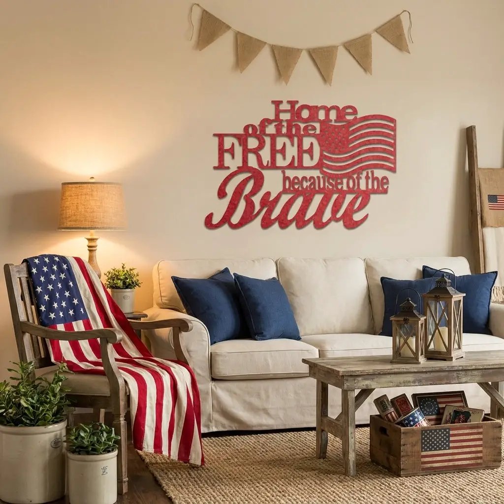 Home of the Free Because of the Brave Metal Wall Art – Patriotic American Flag Sign – Handmade Steel Indoor/Outdoor Décor