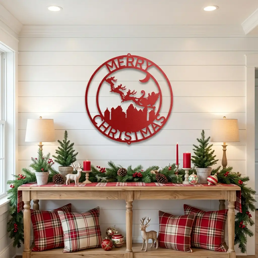 Personalized Santa Sleigh Flying Over Town Metal Wall Art – Custom Family Name Christmas Sign – Holiday Steel Décor (5 Sizes, 5 Colors)
