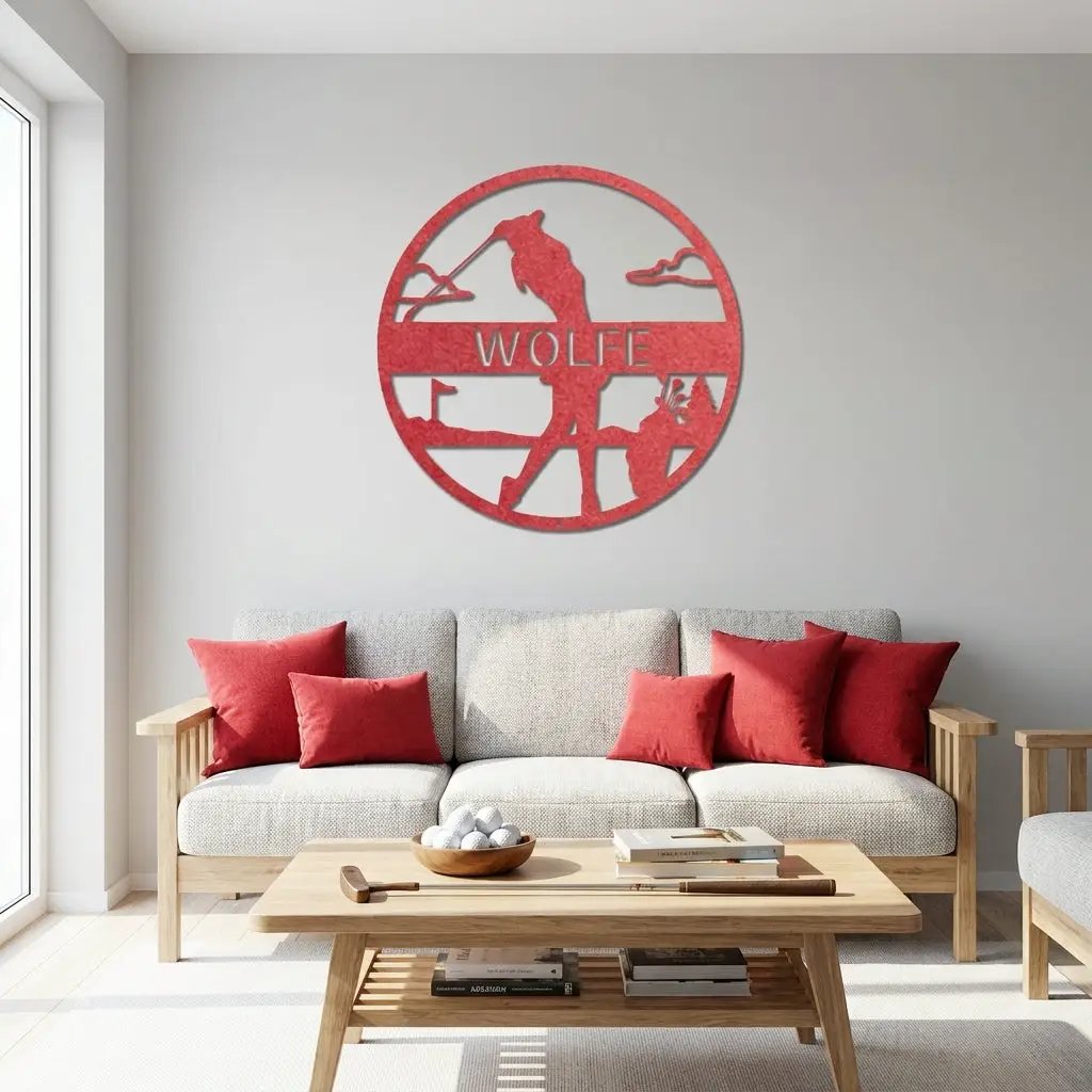 Custom Female Golfer Metal Sign – Personalized Name Wall Art – Round Golf Scene – Laser Cut Steel