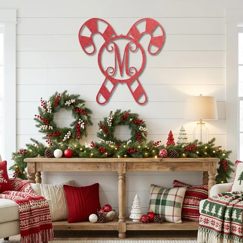 Personalized Candy Cane Monogram Metal Wall Art – Custom Initial Christmas Sign – Holiday Steel Décor (5 Sizes, 5 Colors)