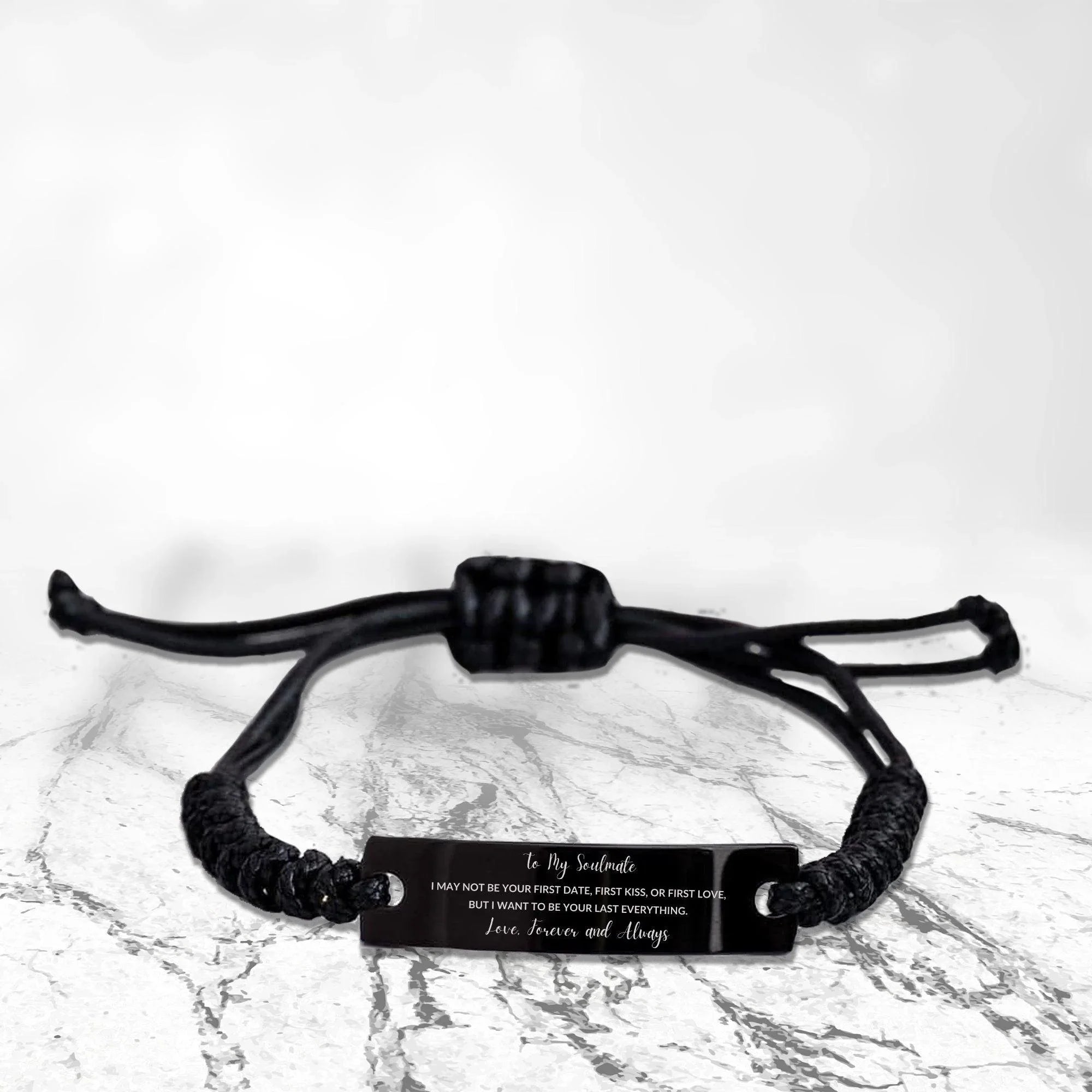 Romantic Soulmate Engraved Black Rope Bracelet - I want to be your Last Everything- Birthday, Christmas Holiday, Valentine Gifts