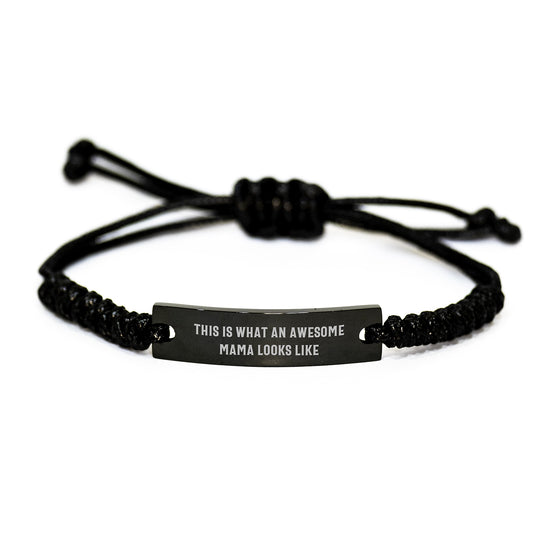 Inspirational Mama Gifts Rope Bracelet, 'This Is What An Awesome Mama Looks Like', Gifts from Family to Mama, Adjustable Black Rope Jewelry, Birthday Unique Presents - Image 1