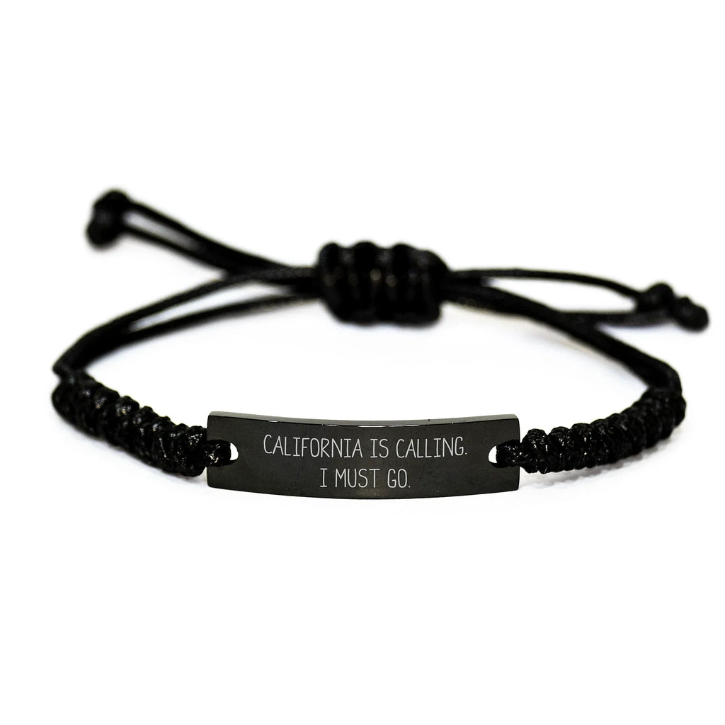 California Calling Rope Bracelet, Funny Quote, Birthday Unique Gifts from Friends, Adjustable Black Rope Accessory, Organza Bag, 'California Is Calling, I Must Go!' Engraved