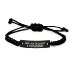 Funny Flight Attendant Gifts for Her, Rope Bracelet with Quote 'Keep Calm, I'm (almost) A Flight Attendant.', Adjustable Black Cord