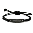 Compliance Officer Graduation Gifts from Friends - Funny 'Amazing F--king Compliance Officer' Quote Rope Bracelet for Men, Women, Coworkers - Adjustable Black Stainless Steel with Interlaced Rope