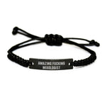 Funny Mixologist Gifts for Men - Rope Bracelet with 'Amazing F--king Mixologist' Quote, Black Stainless Steel with Interlaced Rope, Adjustable Christmas Unique Gift