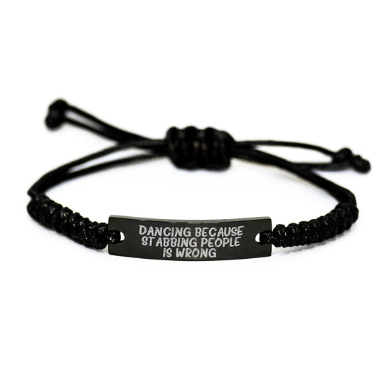 Dancing Gifts for Her, Funny Rope Birthday Present from Friends, 'Dancing Because Stabbing People Is Wrong.' Quote, Adjustable Black Stainless Steel Interlaced Rope Necklace - Image 1