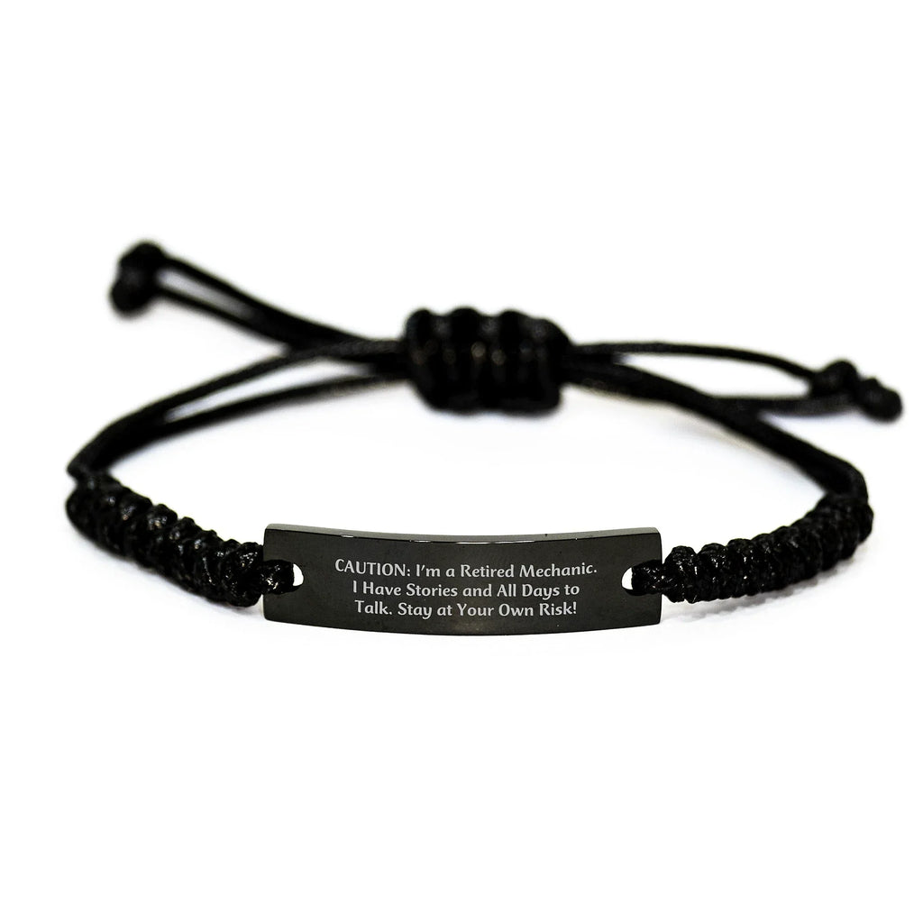Funny Mechanic Gifts from Friends for Graduation - Adjustable Rope Bracelet with Quote, 'Caution: I'm A Retired Mechanic. I Have Stories And All Days To Talk. Stay At Your Own Risk!'
