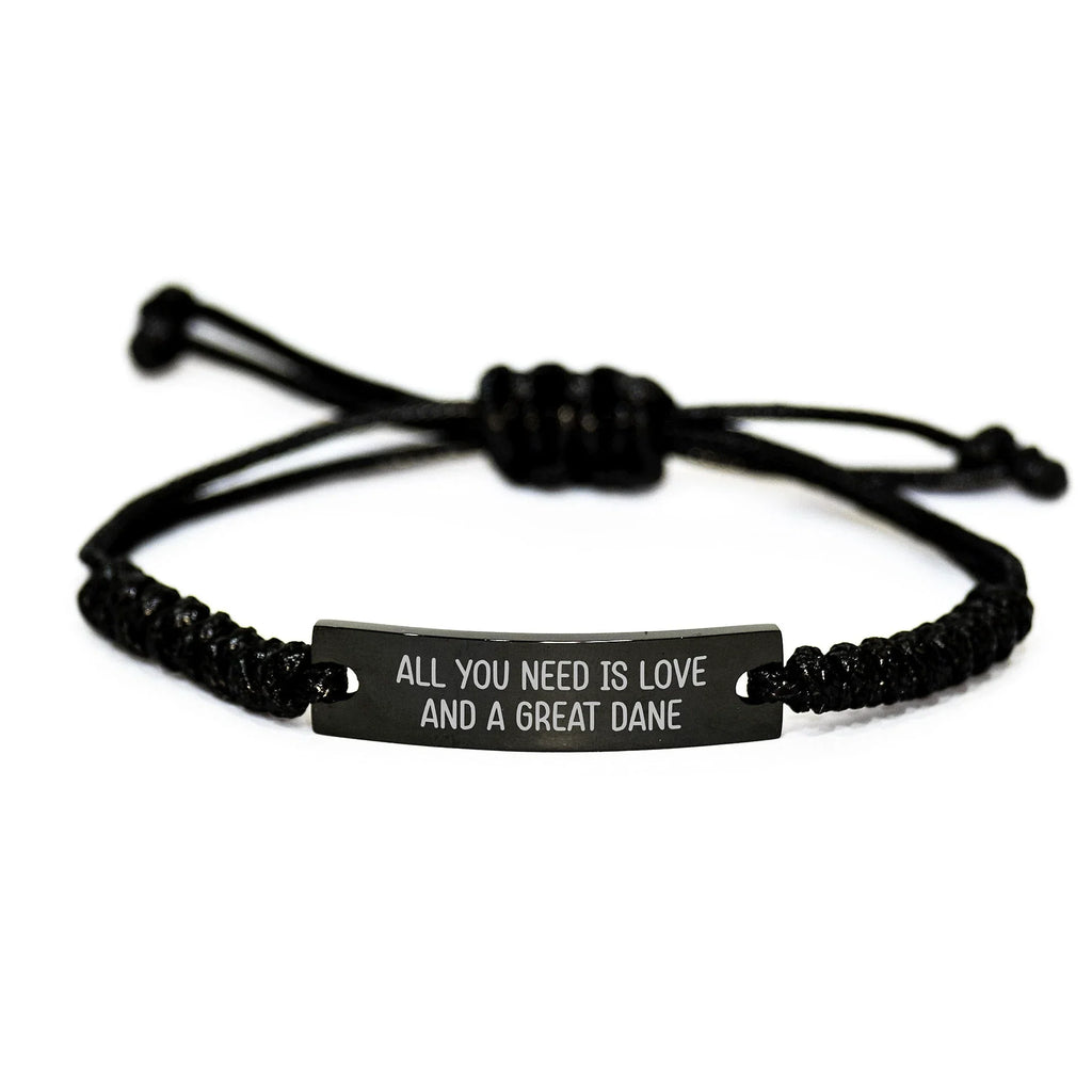 Funny Great Dane Dog Gifts from Friends for Birthday, Quote All You Need Is Love And A Great Dane, Black Adjustable Rope Bracelet