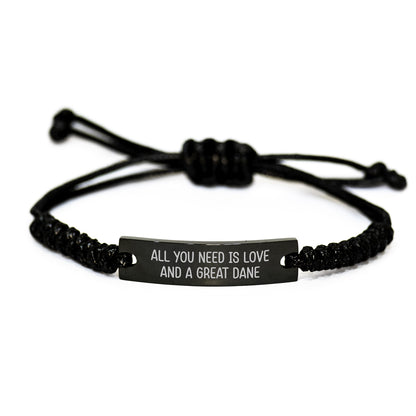 Funny Great Dane Dog Gifts from Friends for Birthday, Quote All You Need Is Love And A Great Dane, Black Adjustable Rope Bracelet - Image 1