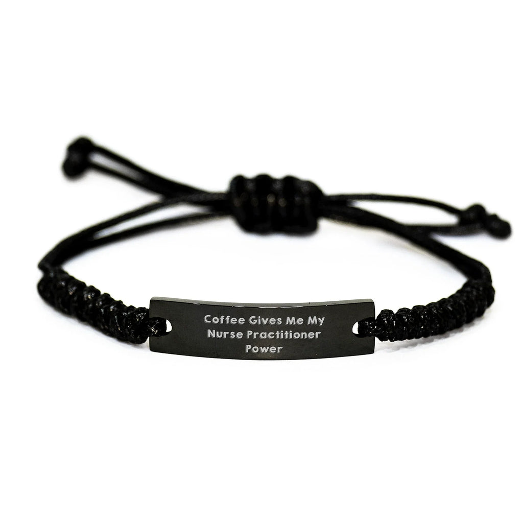 Funny Nurse Practitioner Gifts from Friends for Christmas Rope Bracelet with 'Coffee Gives Me My Nurse Practitioner Power' Quote, Black Stainless Steel and Interlaced Rope