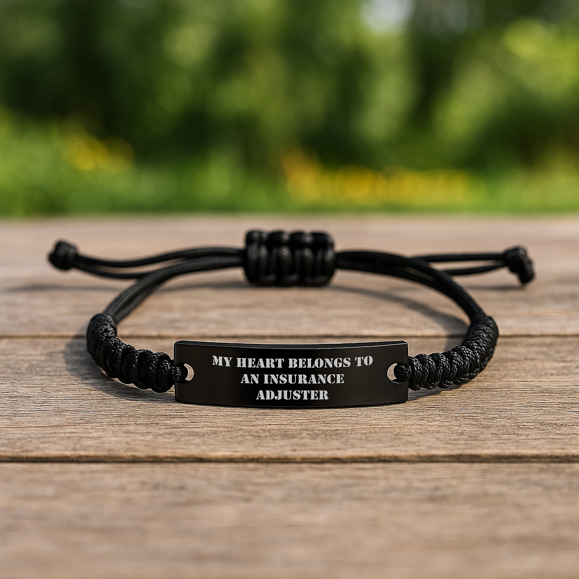 Funny Insurance Adjuster Rope Bracelet for Christmas Unique Gifts from Coworkers to Insurance Adjusters, 'My Heart Belongs To An Insurance Adjuster' Black Engraved Rope Bracelet - Image 2