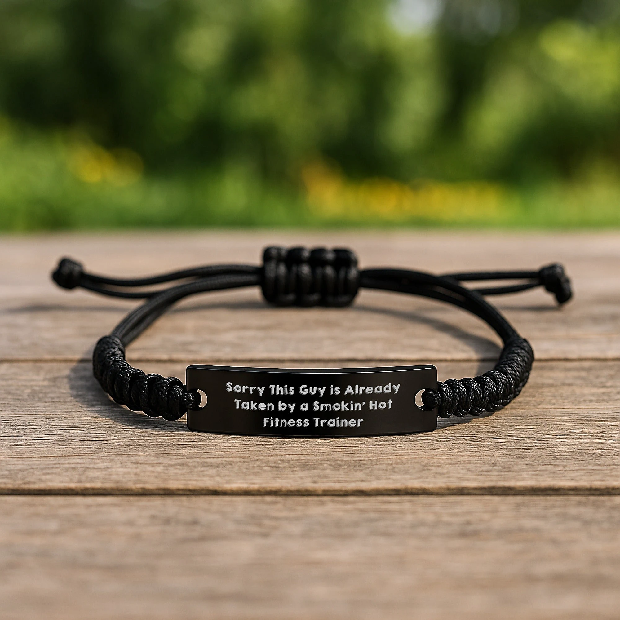 Fitness Trainer Rope Bracelet Gift for Men - Funny Rope Accessories, 'Sorry This Guy Is Already Taken By A Smokin' Hot Fitness Trainer', Black Stainless Steel Rope, Adjustable Rope Jewelry