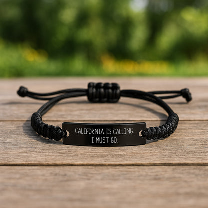California Calling Rope Bracelet, Funny Quote, Birthday Unique Gifts from Friends, Adjustable Black Rope Accessory, Organza Bag, 'California Is Calling, I Must Go!' Engraved - Image 2
