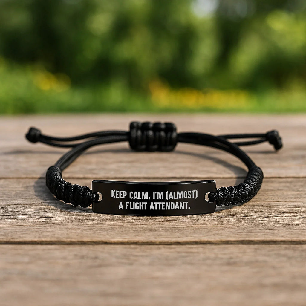 Funny Flight Attendant Gifts for Her, Rope Bracelet with Quote 'Keep Calm, I'm (almost) A Flight Attendant.', Adjustable Black Cord