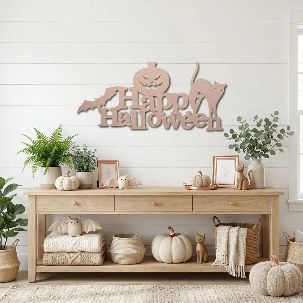 Happy Halloween Metal Wall Art Sign – Pumpkin Bat Cat Halloween Decor – Outdoor Powder Coated Steel Sign – Spooky Farmhouse Porch Decor