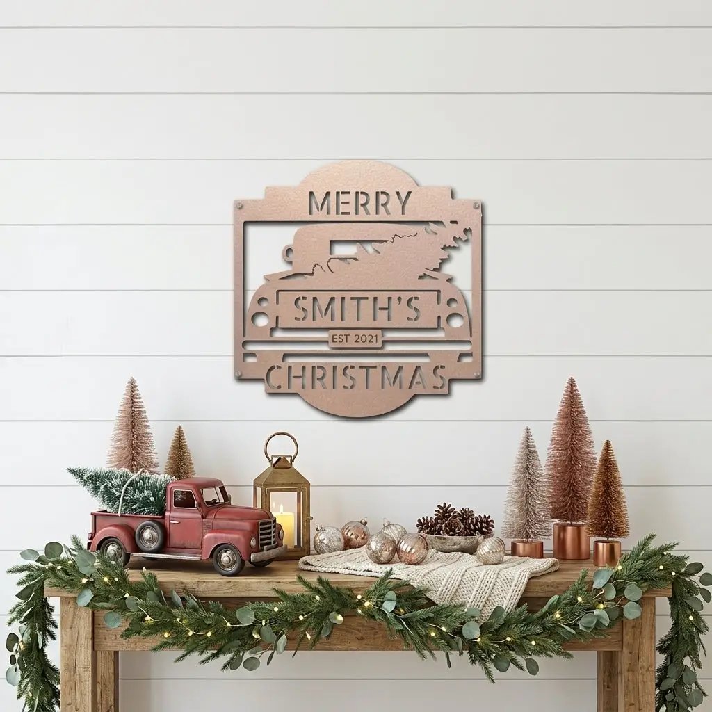 Christmas Truck Personalized Metal Wall Sign | Custom Family Holiday Wall Art | Vintage Truck Christmas Decor | Personalized Name & Year Metal Sign | Made in USA
