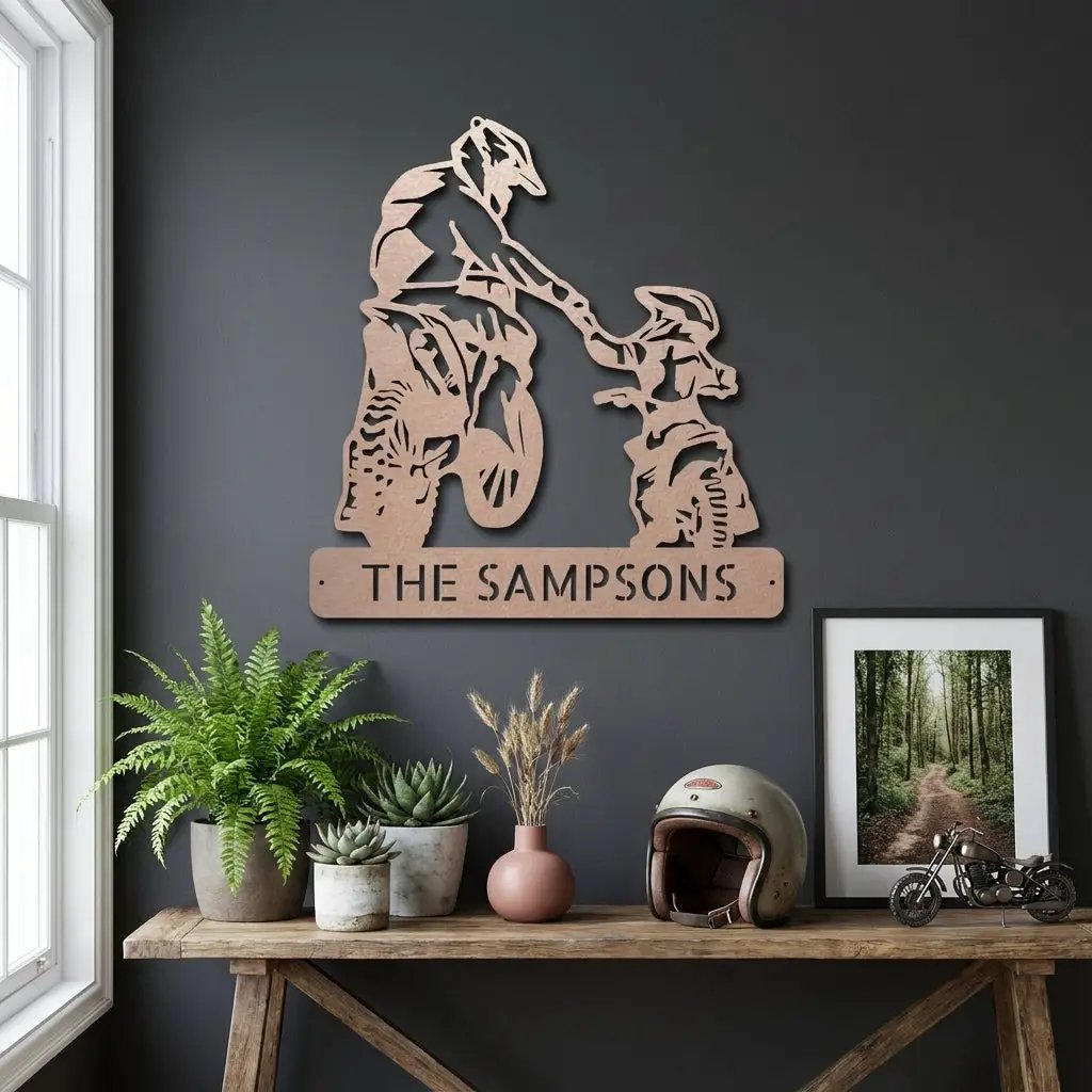 Father and Son Motocross Personalized Name Indoor Outdoor Steel Wall Sign Metal Art