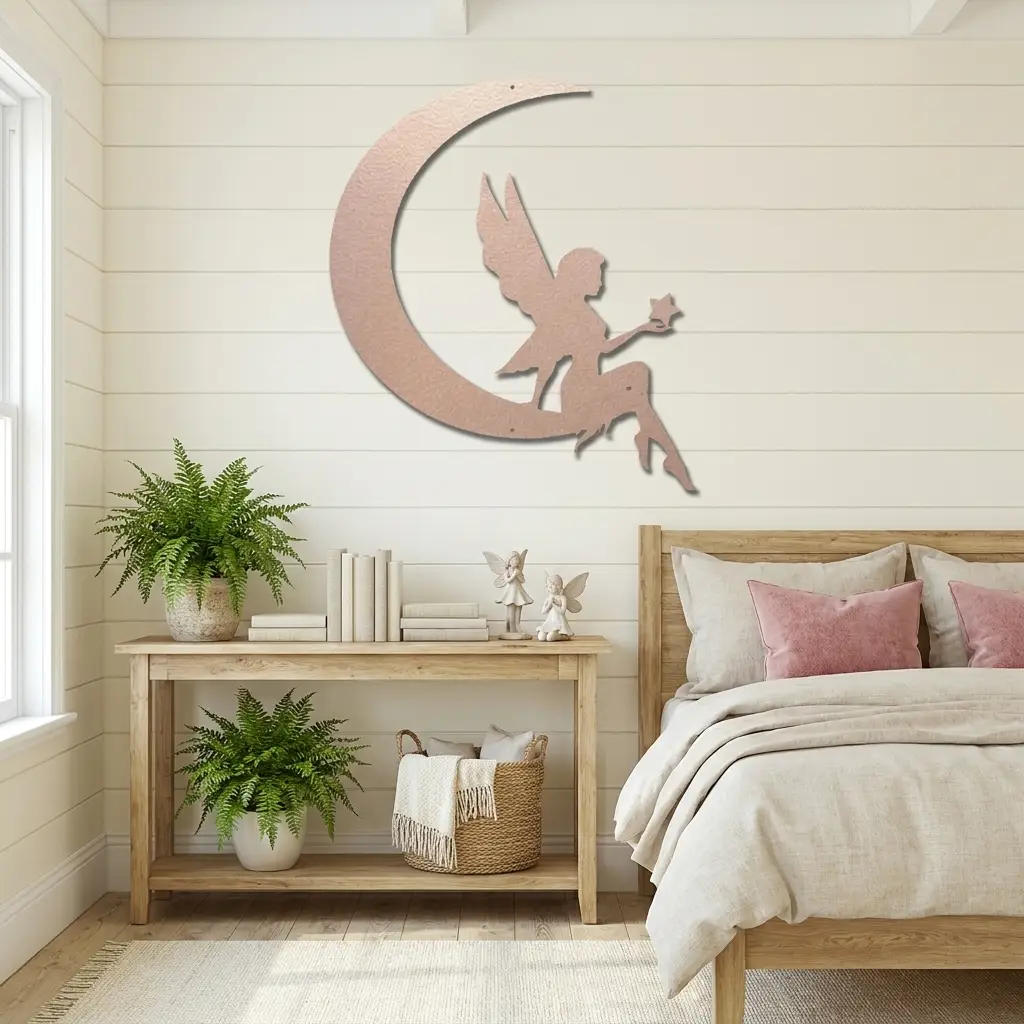 Fairy on Moon Metal Wall Art | Crescent Moon Fairy Wall Decor | Fantasy Metal Wall Hanging | Fairy Bedroom Decor | Made in USA
