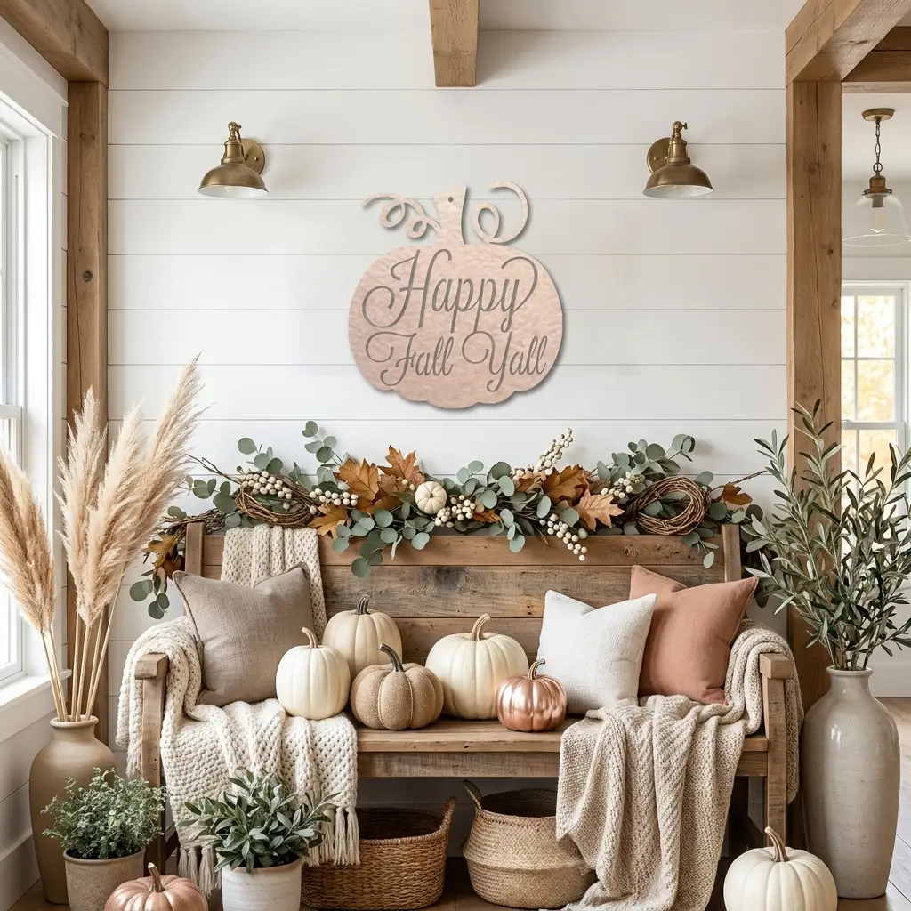 Happy Fall Y'all Pumpkin Metal Wall Art | Autumn Pumpkin Wall Decor | Rustic Farmhouse Fall Sign | Thanksgiving Porch & Entryway Decor | Seasonal Metal Wall Hanging | Made in USA