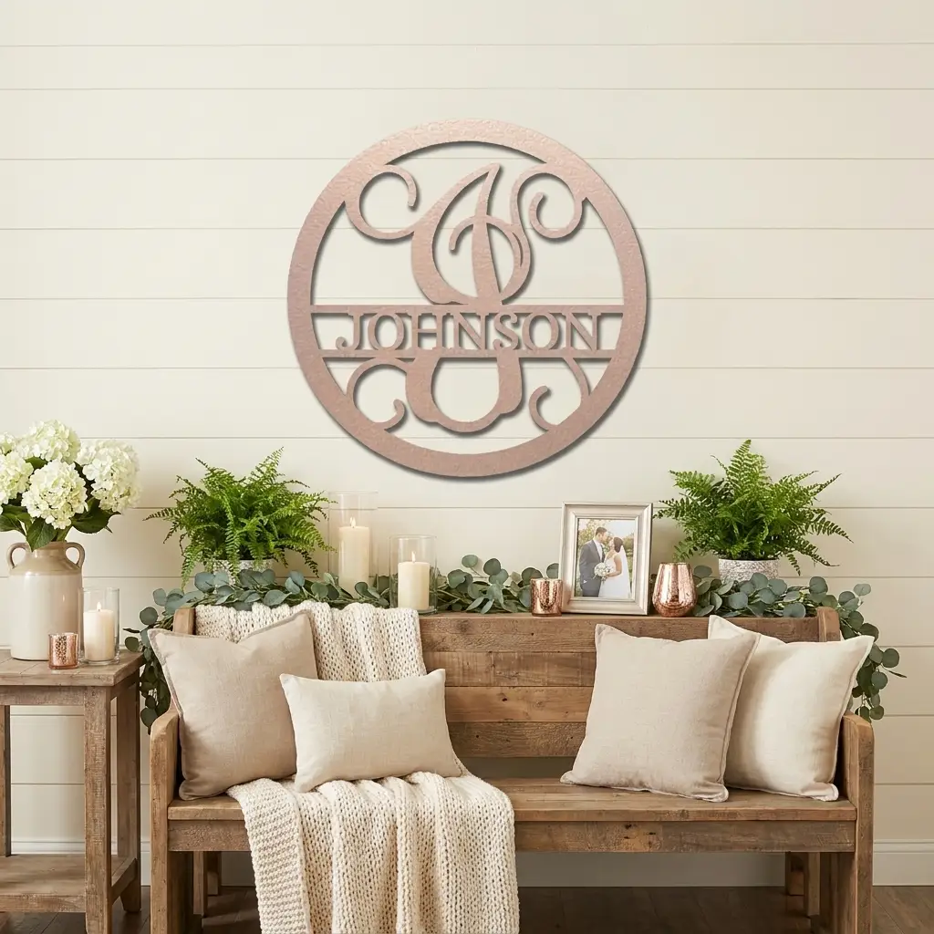 Circle Vine Monogram Personalized Name Indoor Outdoor Steel Wall Sign Metal Art