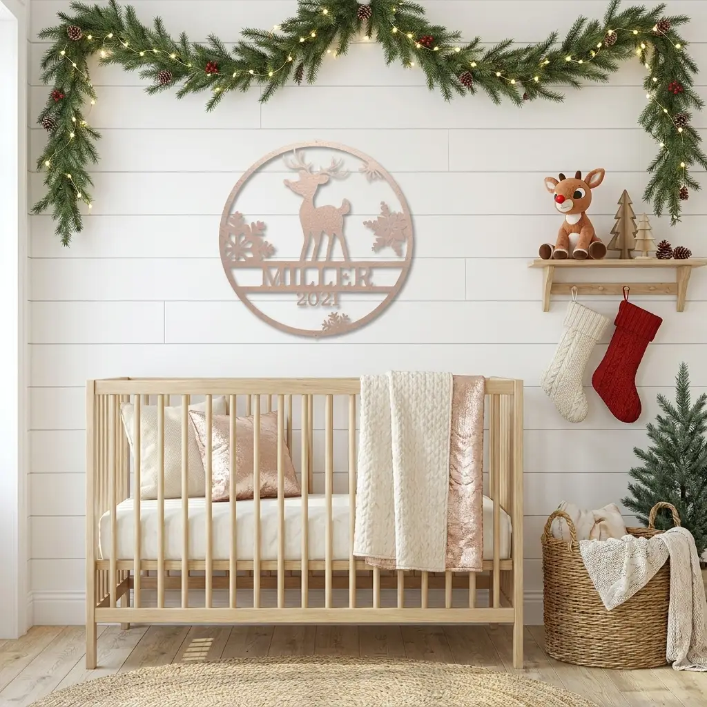 Rudolph Reindeer Christmas Personalized Metal Sign | Custom Family Name & Year Holiday Wall Art | Reindeer Snowflake Metal Decor | Christmas Gift for Family