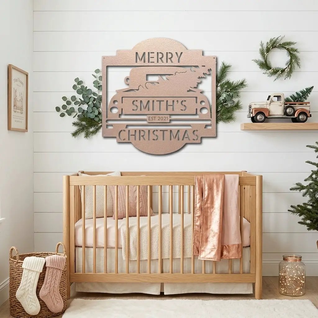 Christmas Truck Personalized Metal Wall Sign | Custom Family Holiday Wall Art | Vintage Truck Christmas Decor | Personalized Name & Year Metal Sign | Made in USA