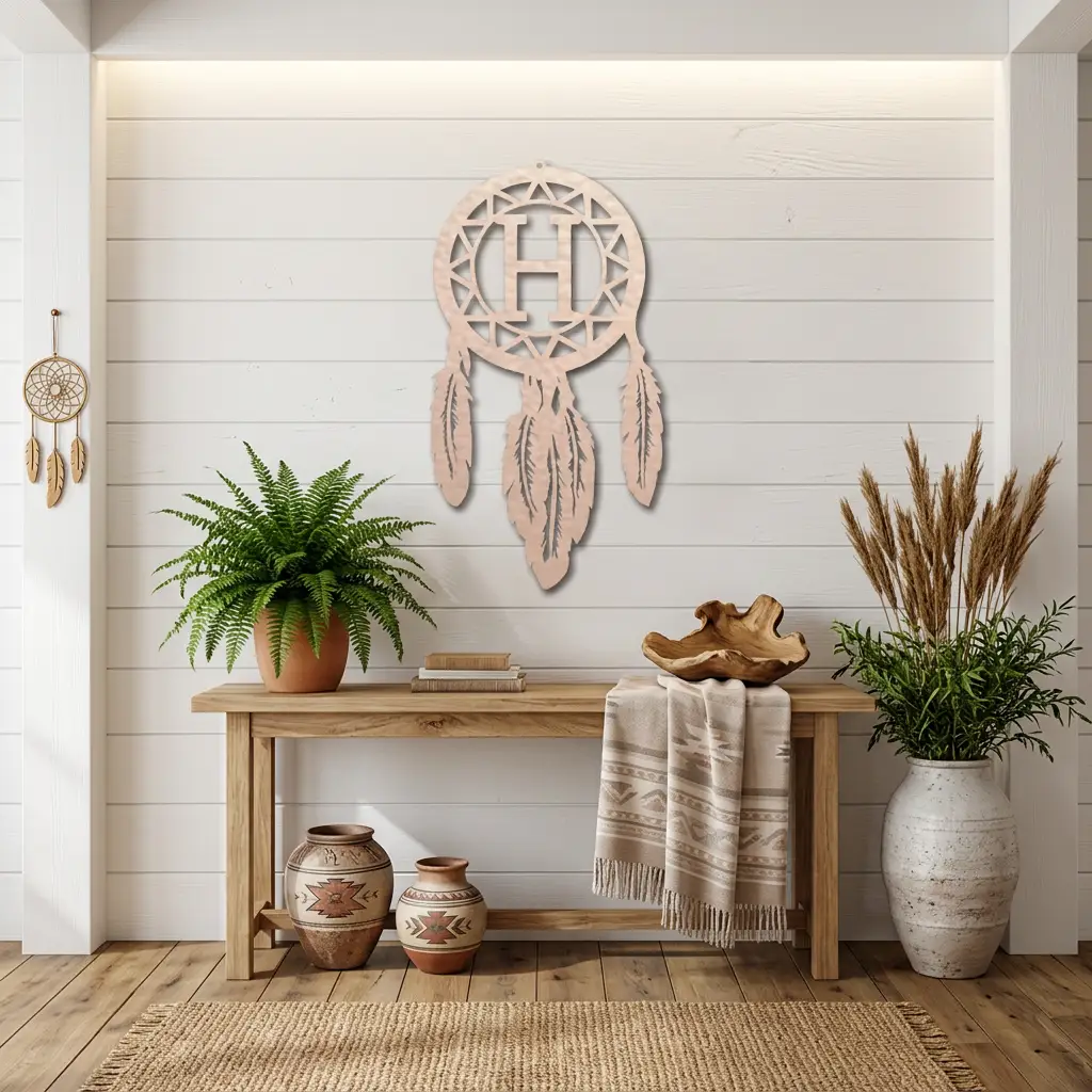Personalized Dreamcatcher Metal Wall Art – Custom Initial Southwestern Feather Décor