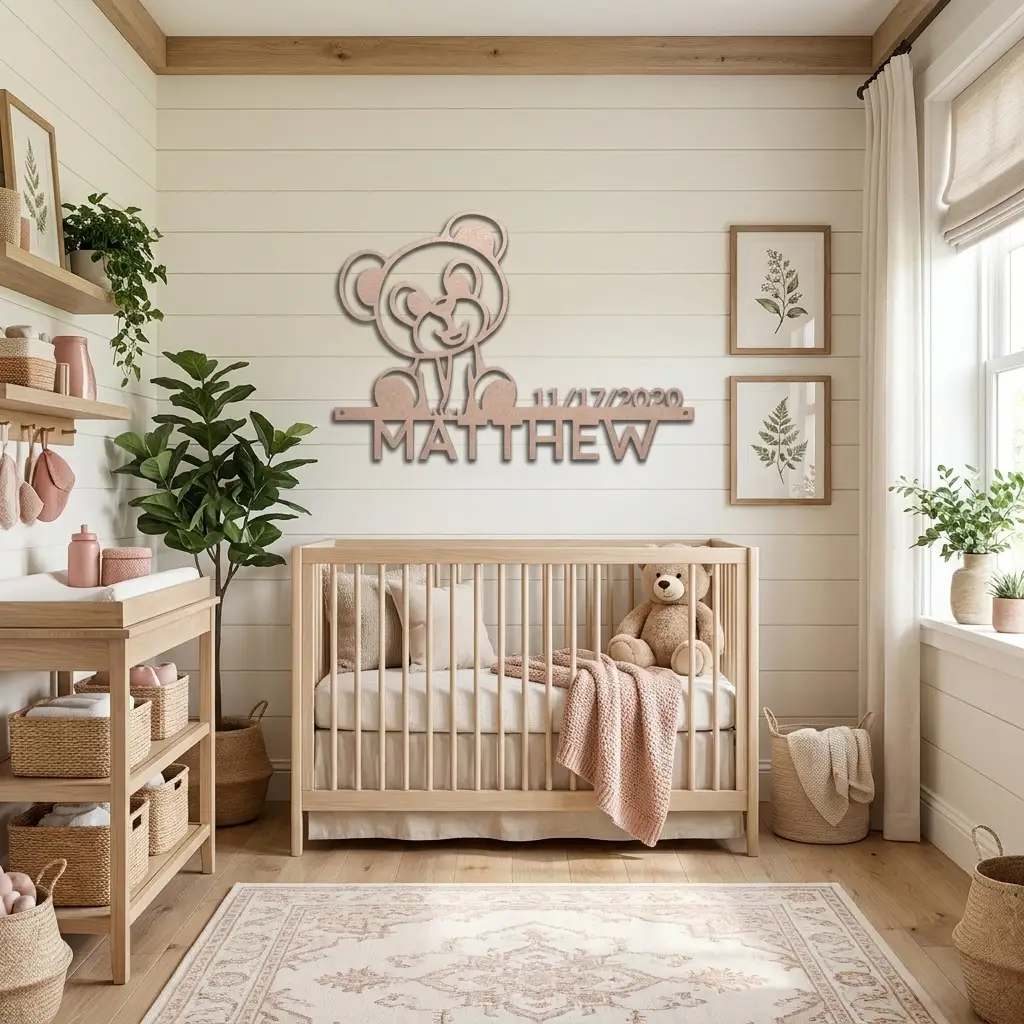 Personalized Teddy Bear Nursery Metal Wall Art – Custom Baby Name Sign with Birth Date – Nursery Decor – Baby Shower Gift