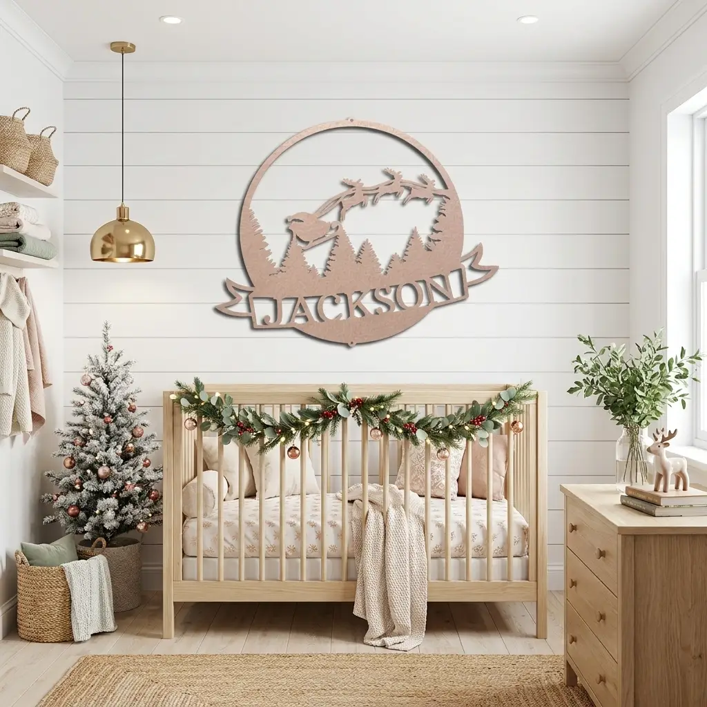 Personalized Santa Sleigh Flying Through Sky Metal Wall Art – Custom Family Name Banner Christmas Sign – Holiday Steel Décor (5 Sizes, 5 Colors)