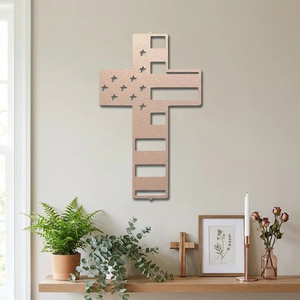 American Flag Cross Metal Wall Art – Patriotic Christian Cross Decor – USA Flag Faith Steel Sign – Veteran Tribute Wall Decor