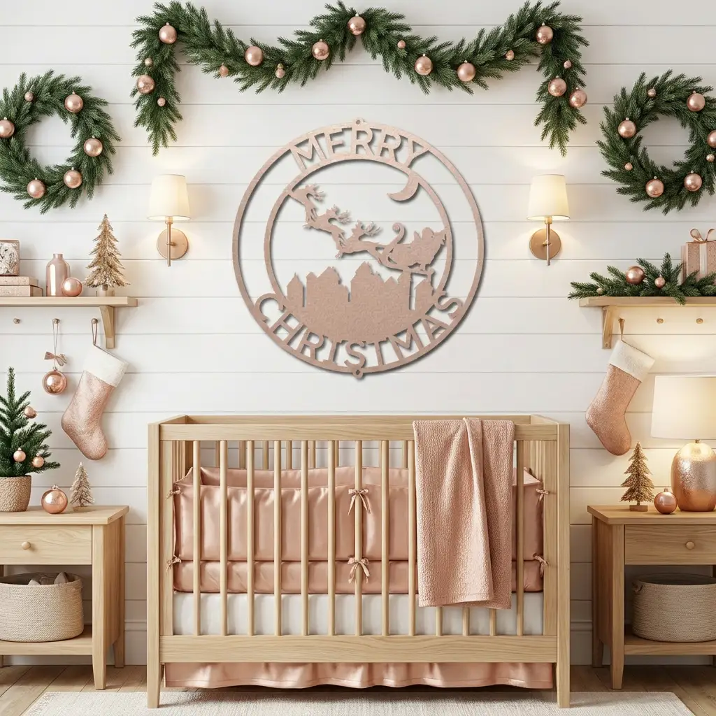 Personalized Santa Sleigh Flying Over Town Metal Wall Art – Custom Family Name Christmas Sign – Holiday Steel Décor (5 Sizes, 5 Colors)