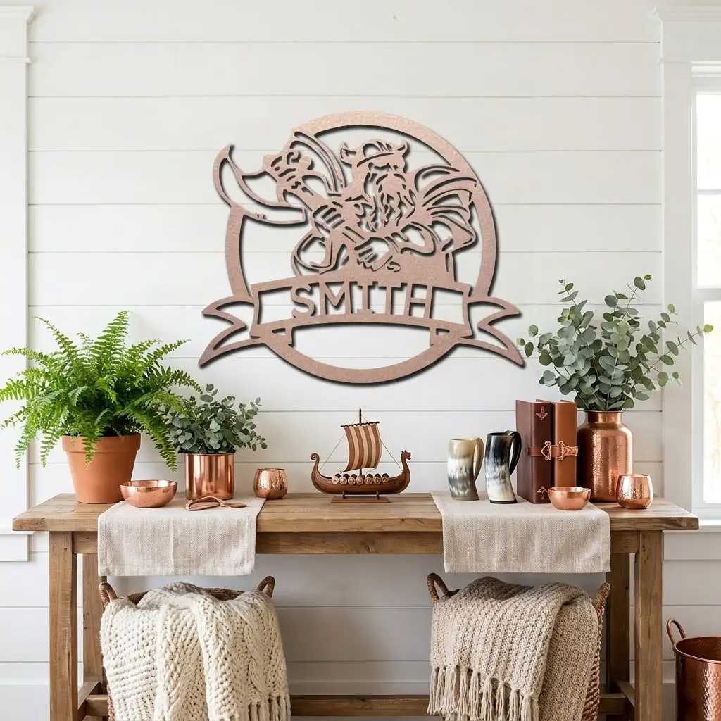 Fighting Viking Monogram Personalized Name Indoor Outdoor Steel Wall Sign Metal Man Cave Art