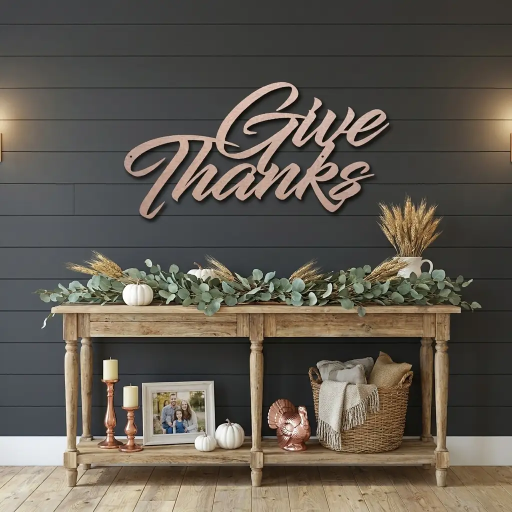 Give Thanks Metal Sign, Farmhouse Wall Decor, Thanksgiving Decor, Script Wall Art, Fall Home Decor, Gratitude Sign