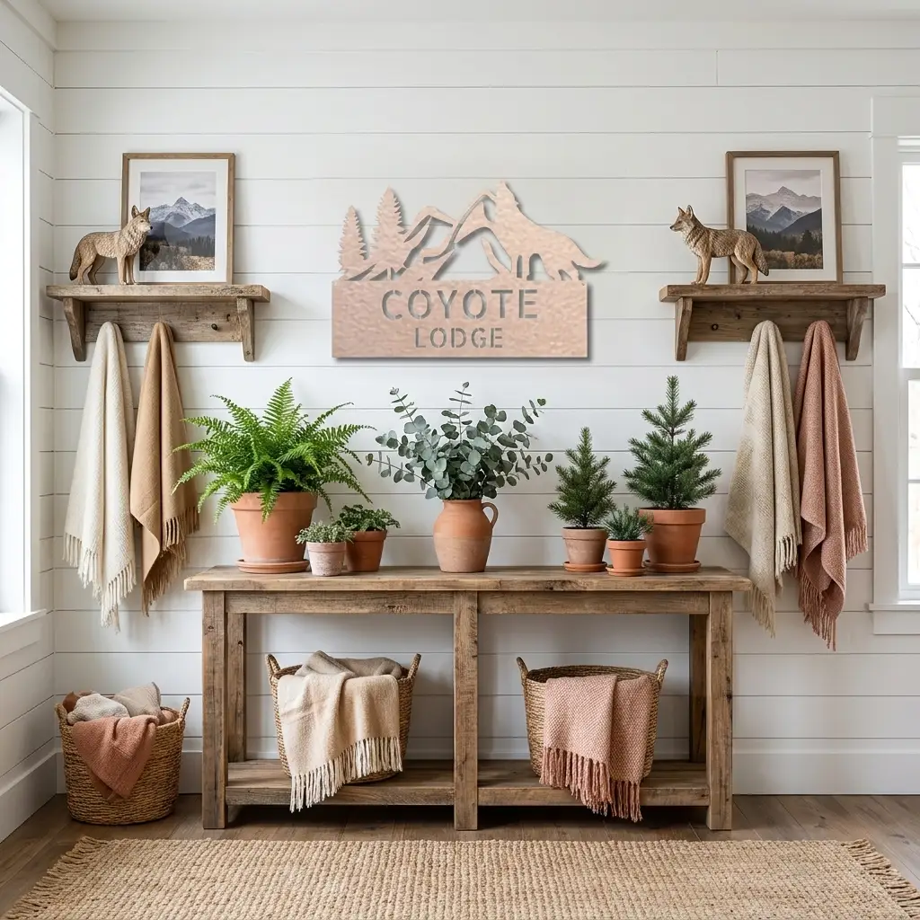 Coyote and Mountains Custom Name Metal Wall Sign