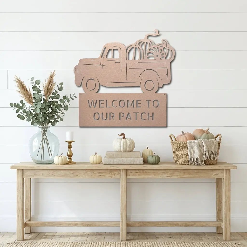 Personalized Vintage Pumpkin Truck Metal Wall Art | Custom Fall Harvest Sign | Farmhouse Autumn Decor | Welcome Pumpkin Patch Sign | Rustic Thanksgiving Wall Decor | Made in USA