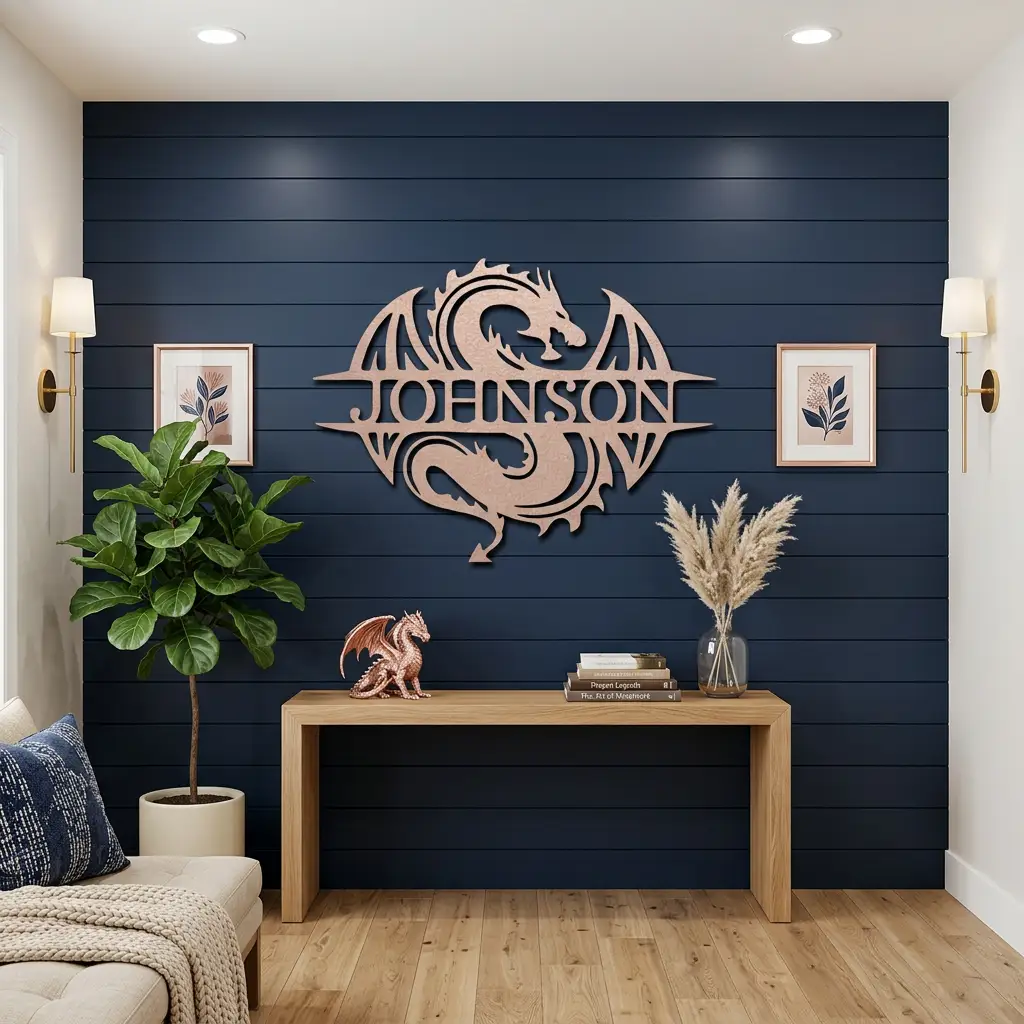 Celtic Dragon Monogram Personalized Name Indoor Outdoor Steel Wall Sign Metal Art