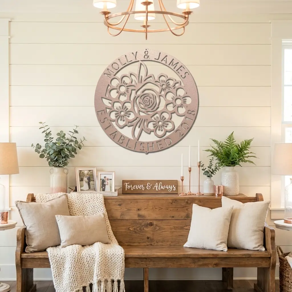 Personalized Floral Family Name Metal Sign | Custom Established Date Wall Art | Round Flower Monogram Steel Decor | Wedding, Anniversary & Housewarming Gift