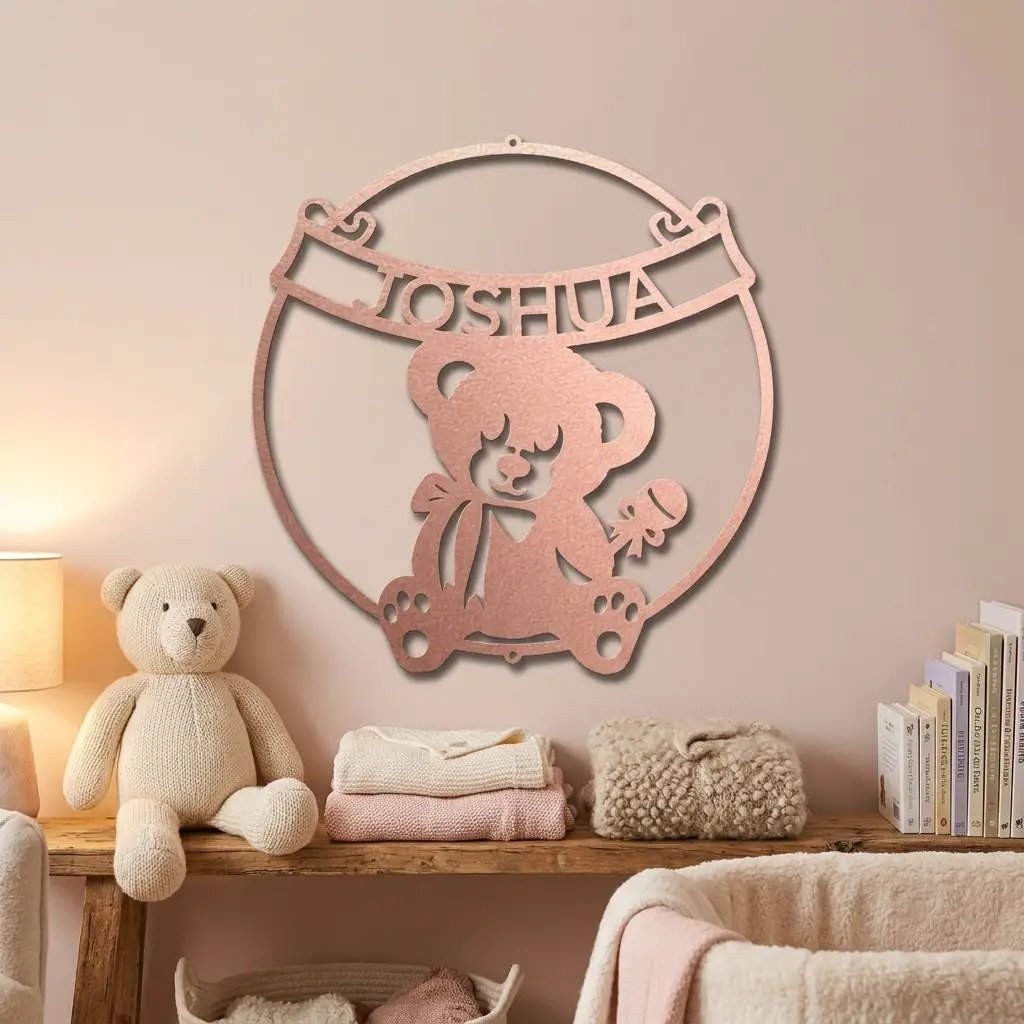 Personalized Baby Name Teddy Bear Metal Wall Art – Custom Nursery Name Sign – Laser Cut Steel Baby Room Decor – Baby Shower Gift