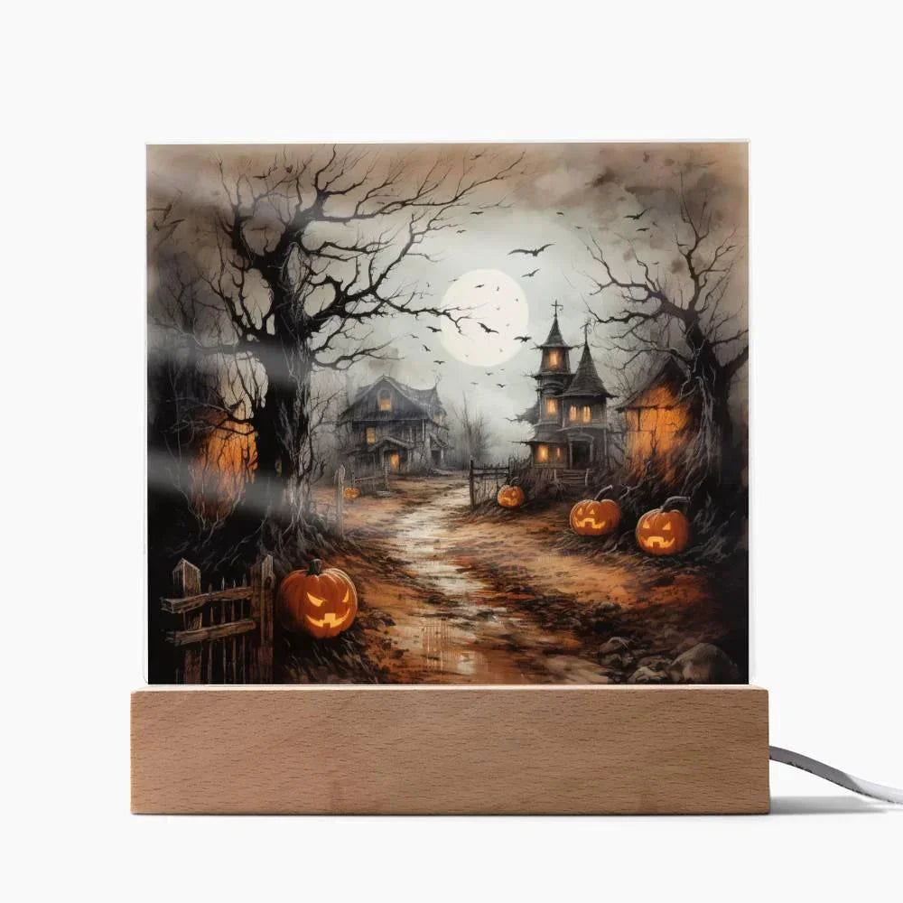 Shadowy Stronghold: Unique Mansion Halloween Acrylic Lighted Plaque