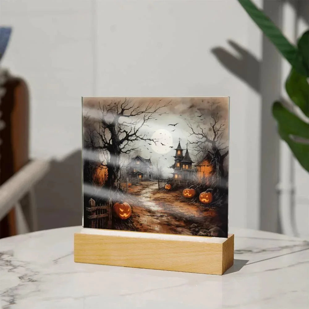 Shadowy Stronghold: Unique Mansion Halloween Acrylic Lighted Plaque