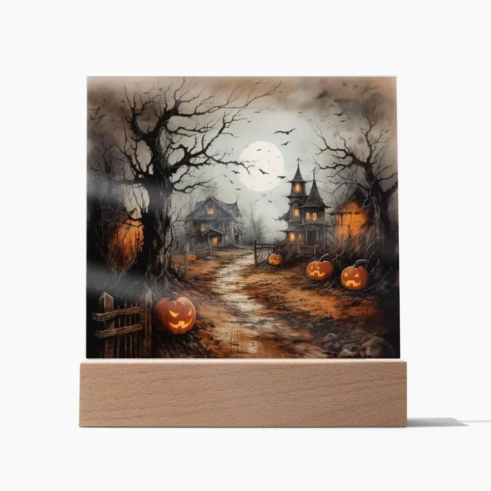 Shadowy Stronghold: Unique Mansion Halloween Acrylic Lighted Plaque
