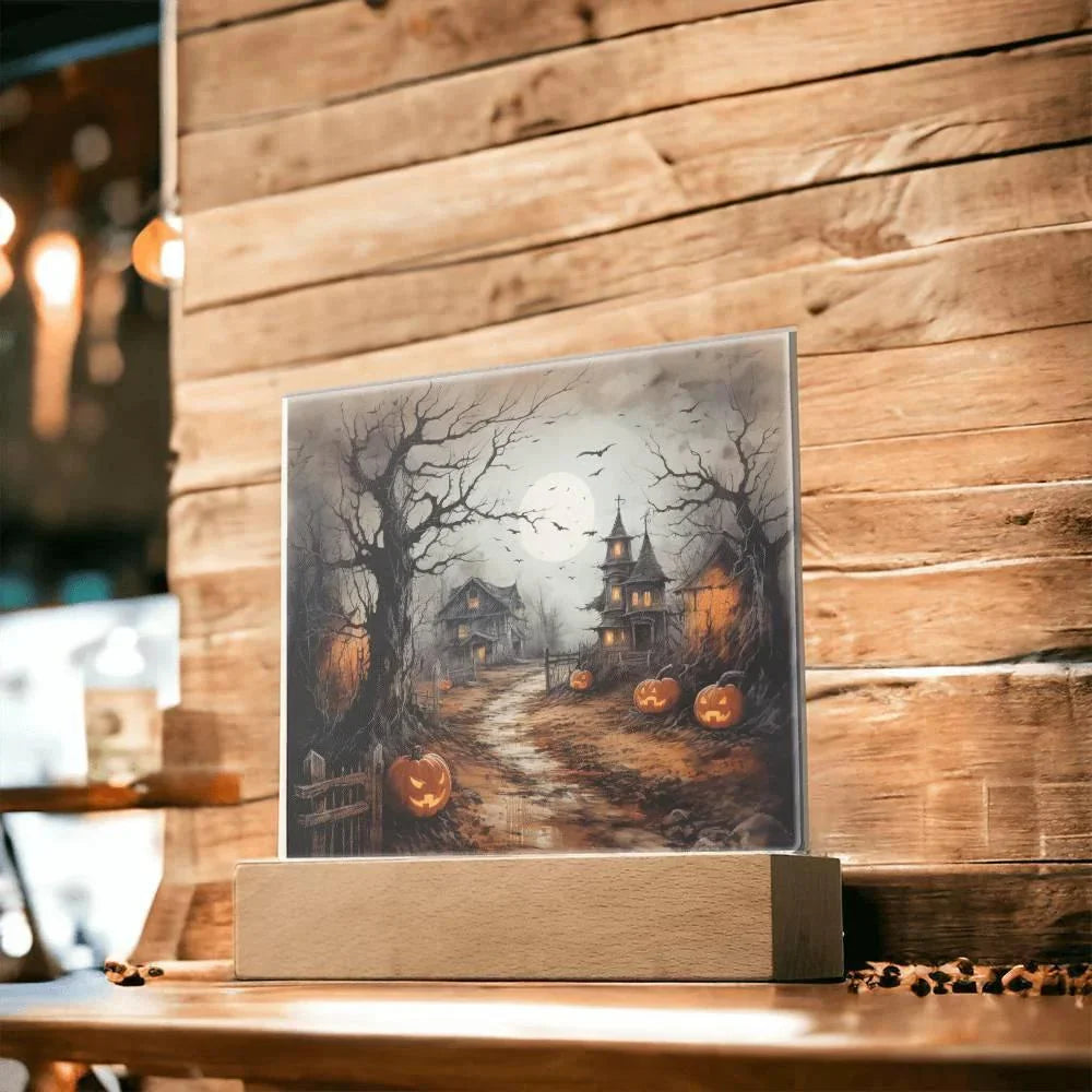 Shadowy Stronghold: Unique Mansion Halloween Acrylic Lighted Plaque