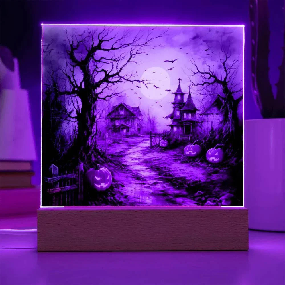 Shadowy Stronghold: Unique Mansion Halloween Acrylic Lighted Plaque