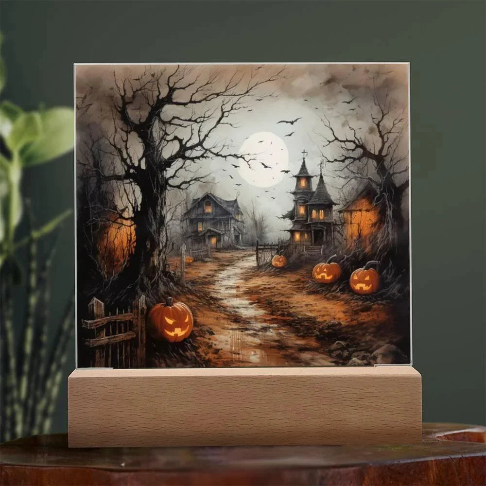 Shadowy Stronghold: Unique Mansion Halloween Acrylic Lighted Plaque